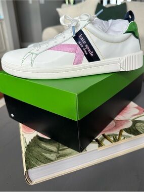 Kate Spade Signature White Leather Sneakers Pink, Green, Navy Multi